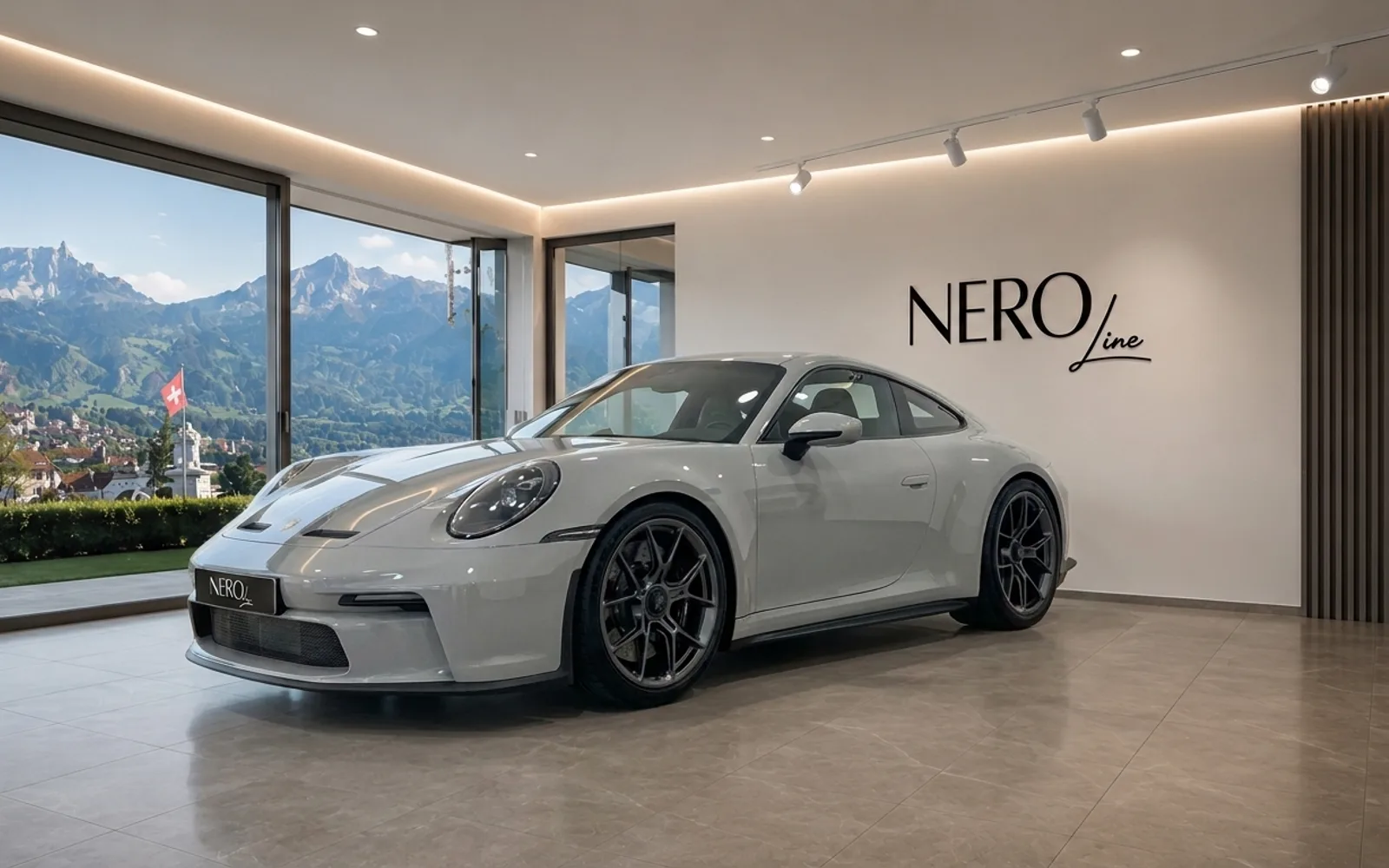 The Porsche GT3 RS in gloss Arctic Grey is showcased indoors, with a panoramic view of the Zurich mountains.