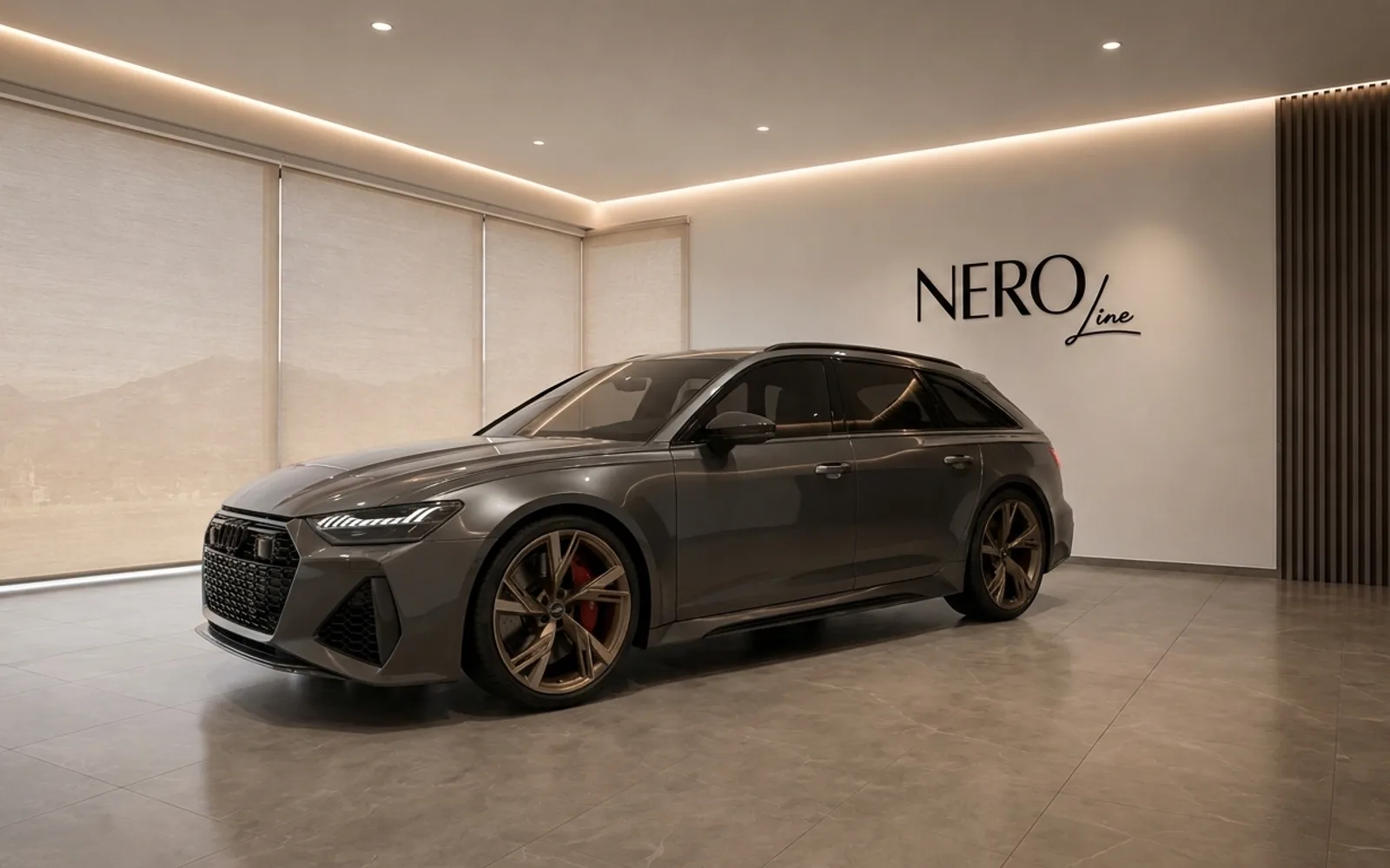 The gloss dark metallic grey Audi RS6 Avant Performance is showcased in a modern showroom in Lausanne, viewed from the front three-quarter angle.