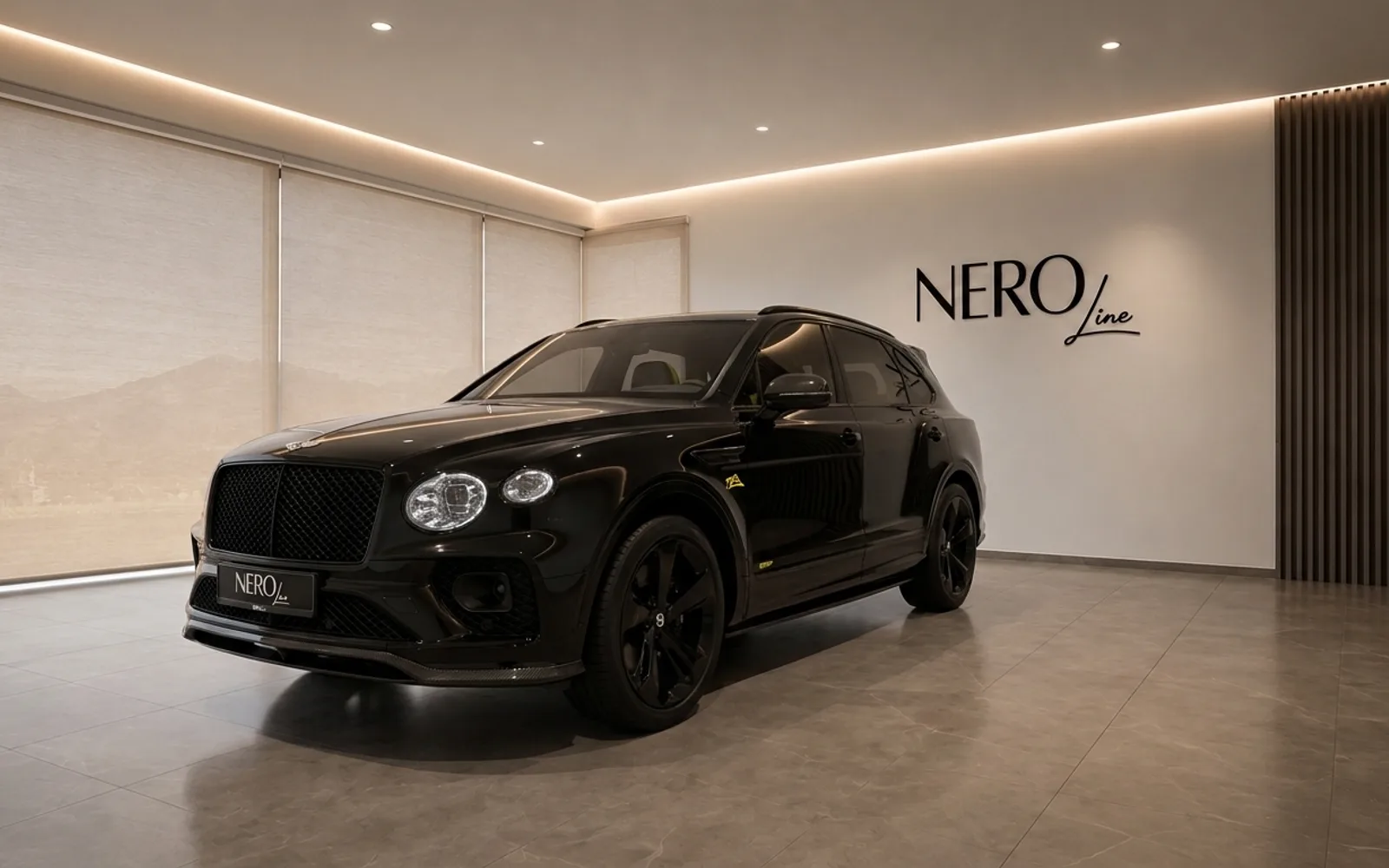 A gloss black 2021 Bentley Bentayga V8 is elegantly displayed in a modern showroom in Zurich, showing its front and side.