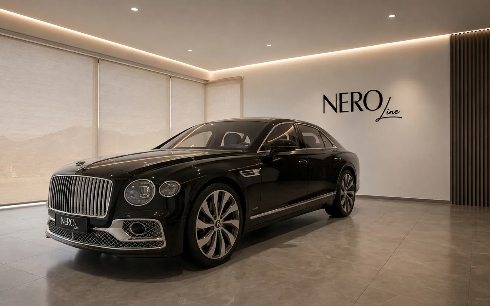 The black 2023 Bentley Flying Spur luxury sedan is displayed at a front three-quarter angle in a modern showroom in Lausanne.