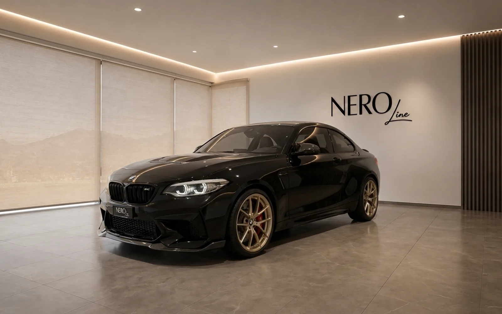 BMW M2 CS — Front three-quarter view, Zurich A glossy black BMW M2 CS is parked at a front three-quarter angle in a modern showroom in Zurich.
