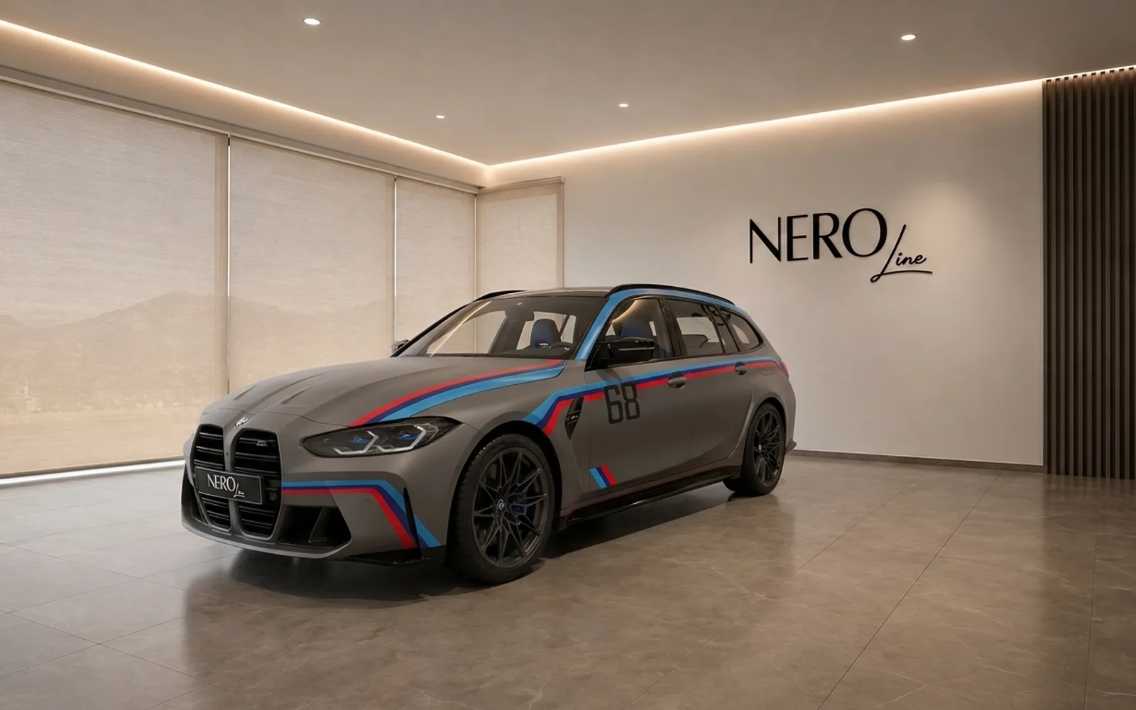 The matte grey BMW M3 Competition Touring with racing stripes is showcased in a showroom in Zurich.
