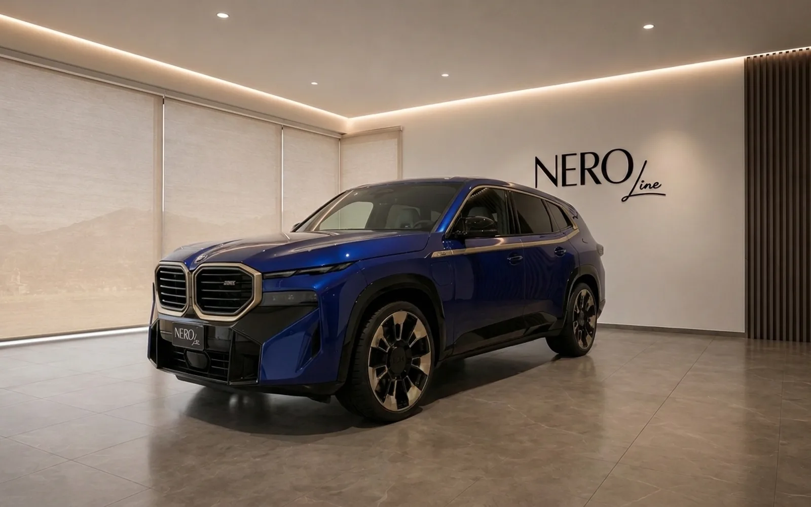 BMW XM — Deep Blue SUV in Lausanne Showroom The deep blue BMW XM performance SUV is showcased in a modern showroom with the NEROline logo on the wall in Lausanne.