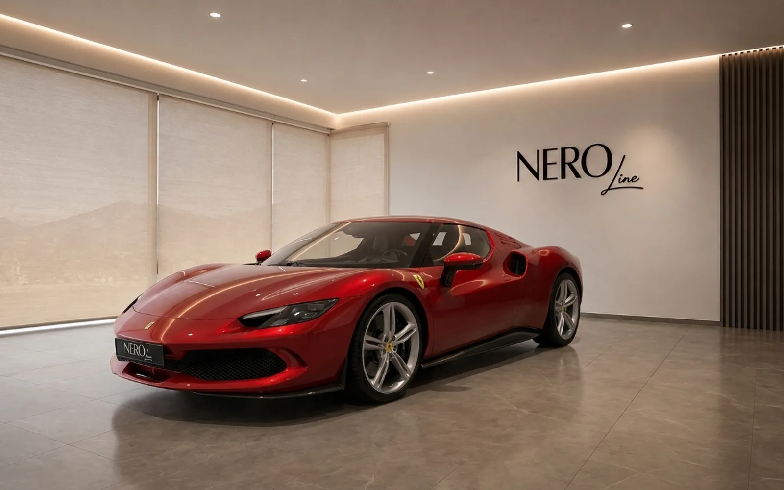 The gloss Rosso Imola metallic red Ferrari 296 GTB is parked in a modern showroom in Lausanne, showcasing its elegant front three-quarter view.