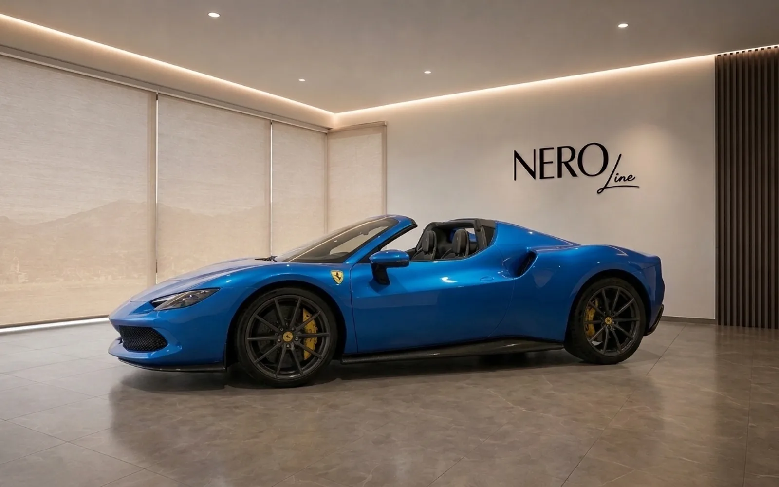 The gloss bright metallic blue Ferrari 296 GTS convertible is showcased from a side view in a modern showroom with the NeroLine logo, Lausanne.