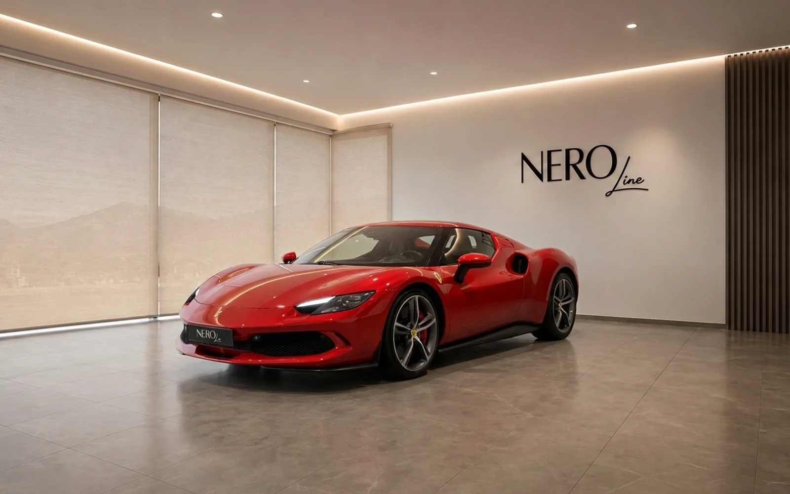 The striking red Ferrari 296 GTS is showcased from a front three-quarter view in a modern NEROline showroom in Zurich.
