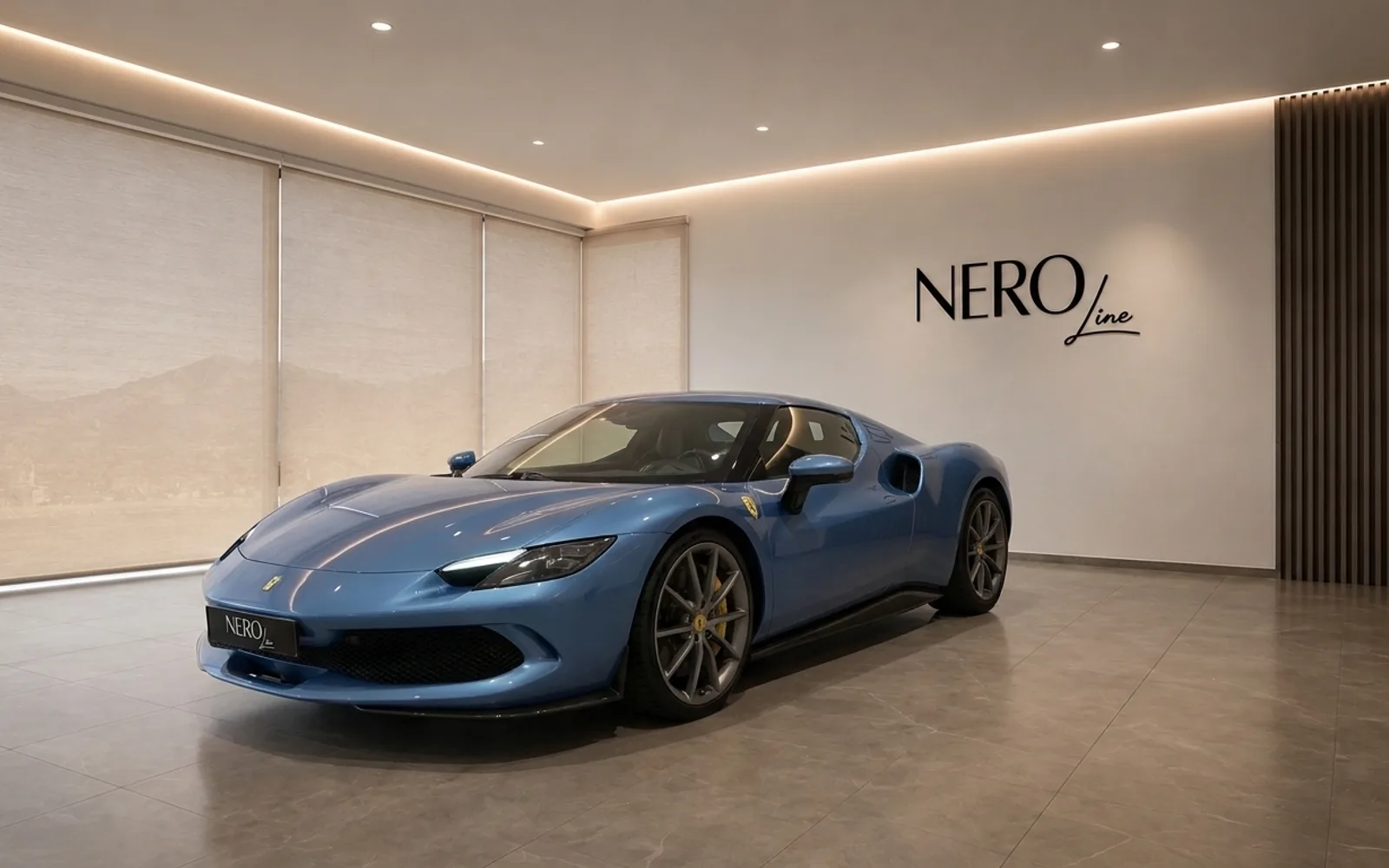A striking blue Ferrari 296 GTS, captured from a front three-quarter angle, showcased in a modern NEROline showroom in Zurich.