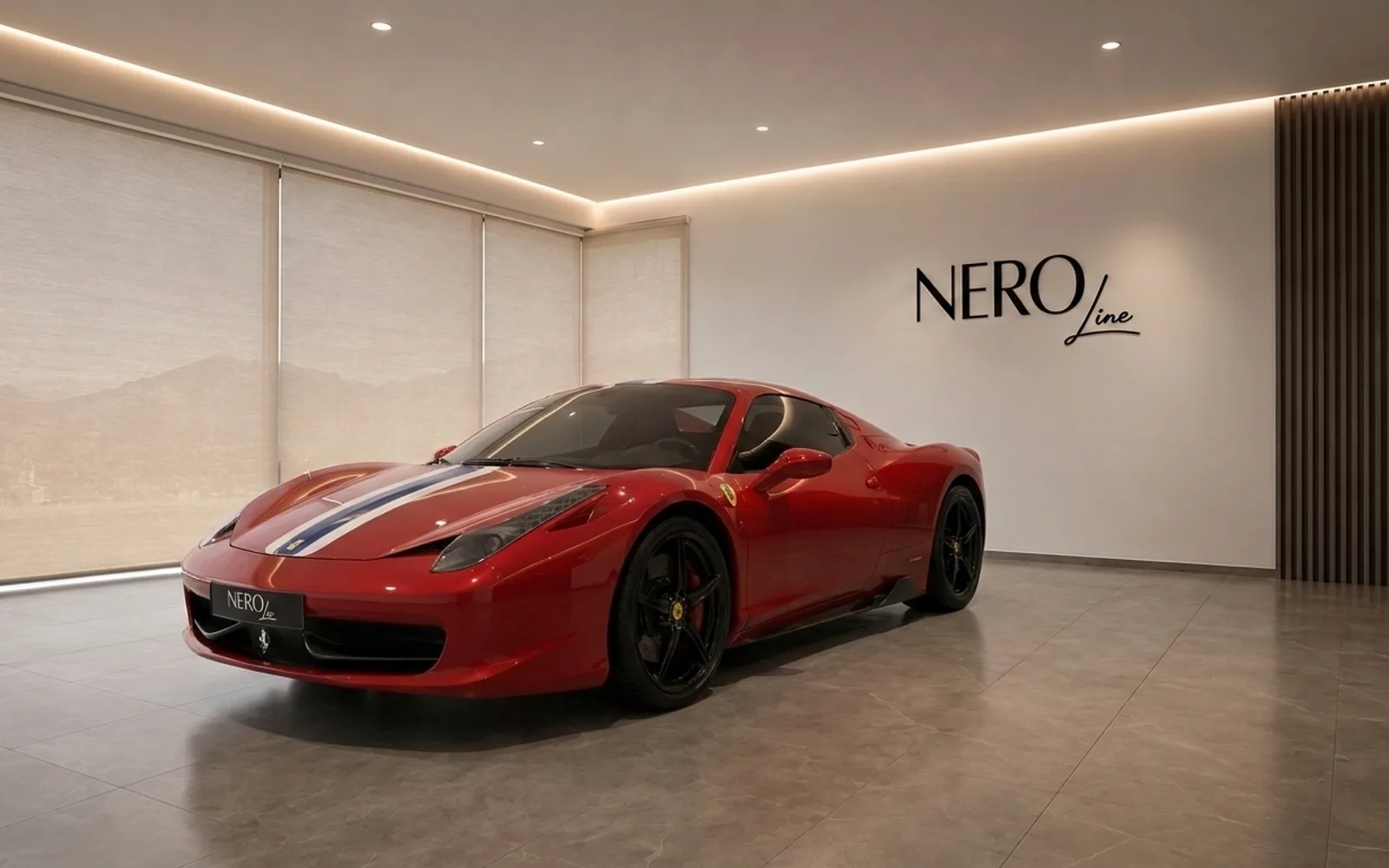 Ferrari 458 Spider — Elegant showroom display The red Ferrari 458 Spider, featuring distinctive racing stripes, is elegantly displayed in a modern NEROline showroom in Zurich.