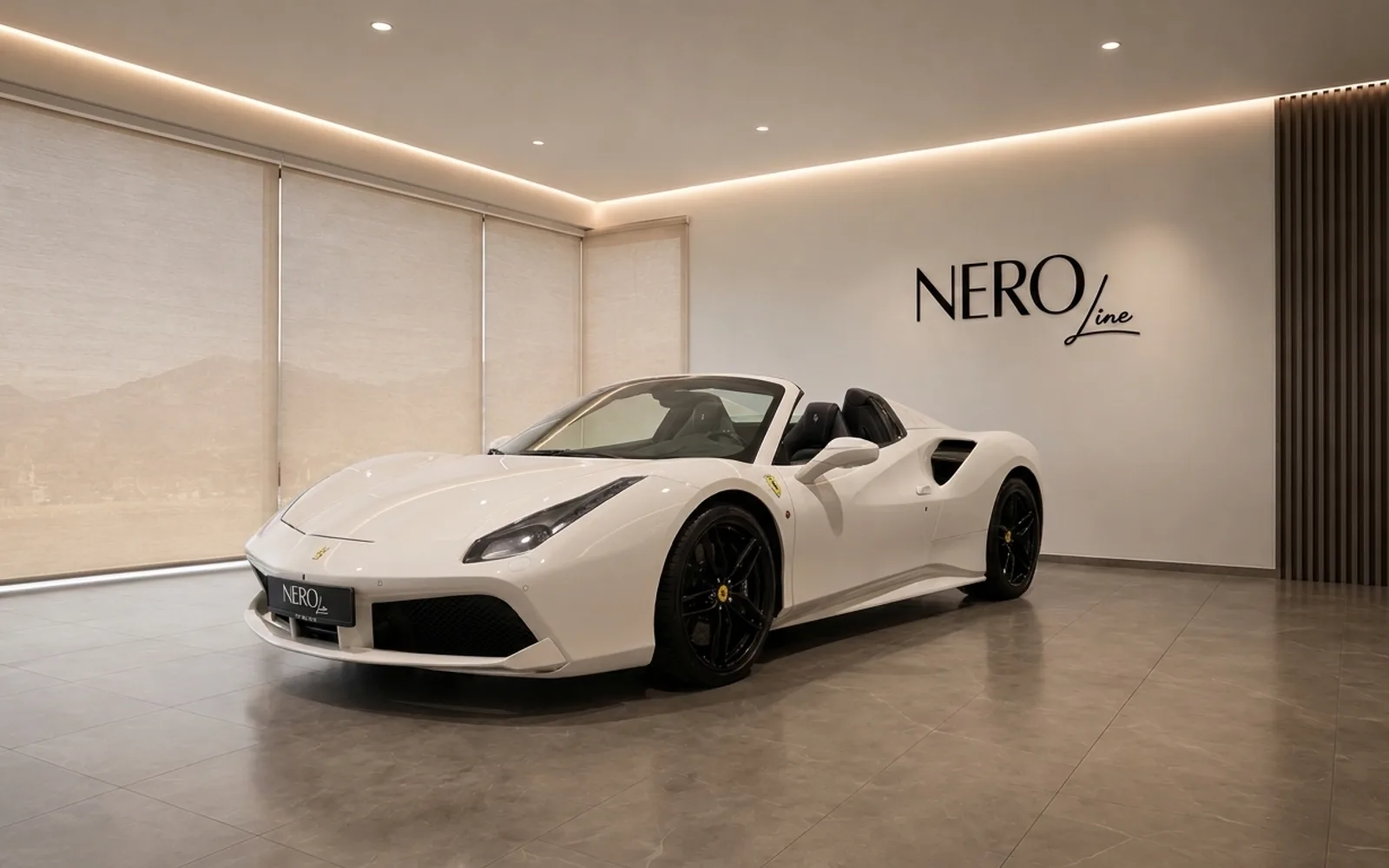 A gloss white Ferrari 488 Spider is showcased in a luxury showroom in Zurich, displaying its elegant front and side profile.