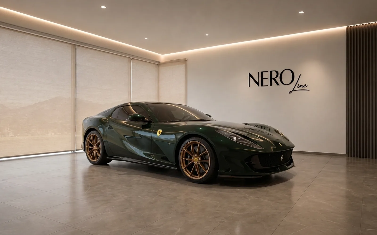 The dark green Ferrari 812 GTS with bronze wheels is elegantly displayed at a front three-quarter angle in a modern Zurich showroom.