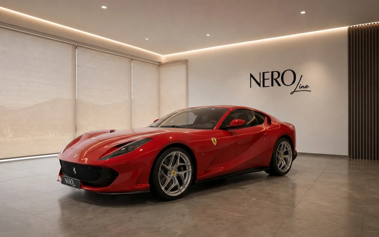The red Ferrari 812 Superfast is parked in a modern showroom with the NEROline logo on the wall in Lausanne.
