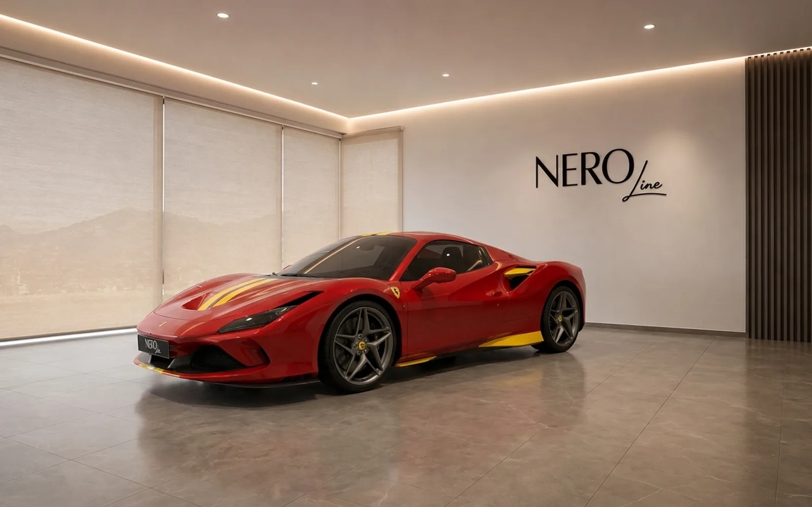 The glossy red Ferrari F8 Spider with yellow racing stripes is showcased in a modern showroom in Zurich.