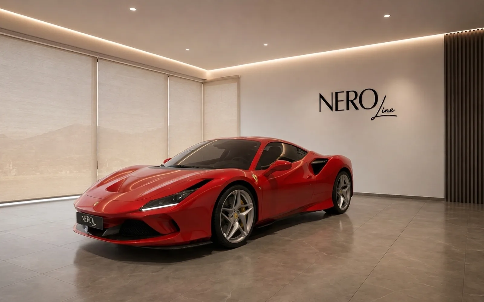 The striking red Ferrari F8 Tributo is showcased from a front three-quarter angle in a modern NEROline showroom in Lausanne.
