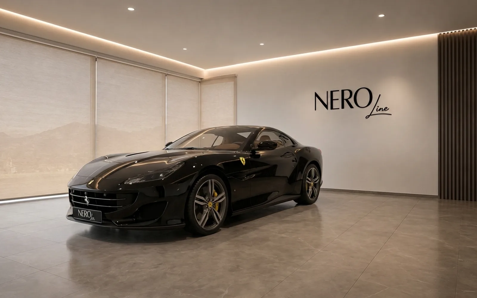 The black Ferrari Portofino is parked indoors in a modern showroom with the NERO line logo on the wall in Zurich.