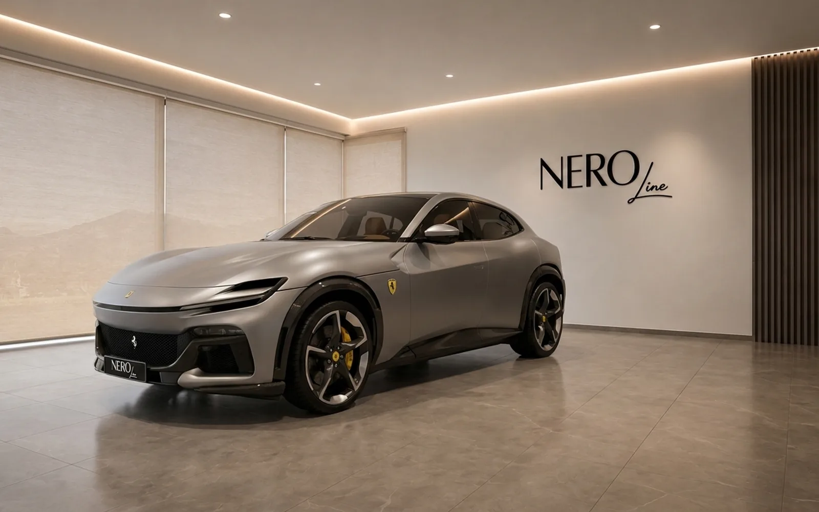 The 2023 Ferrari Purosangue in satin silver-grey, showcased from a front three-quarter angle in a modern showroom in Lausanne.