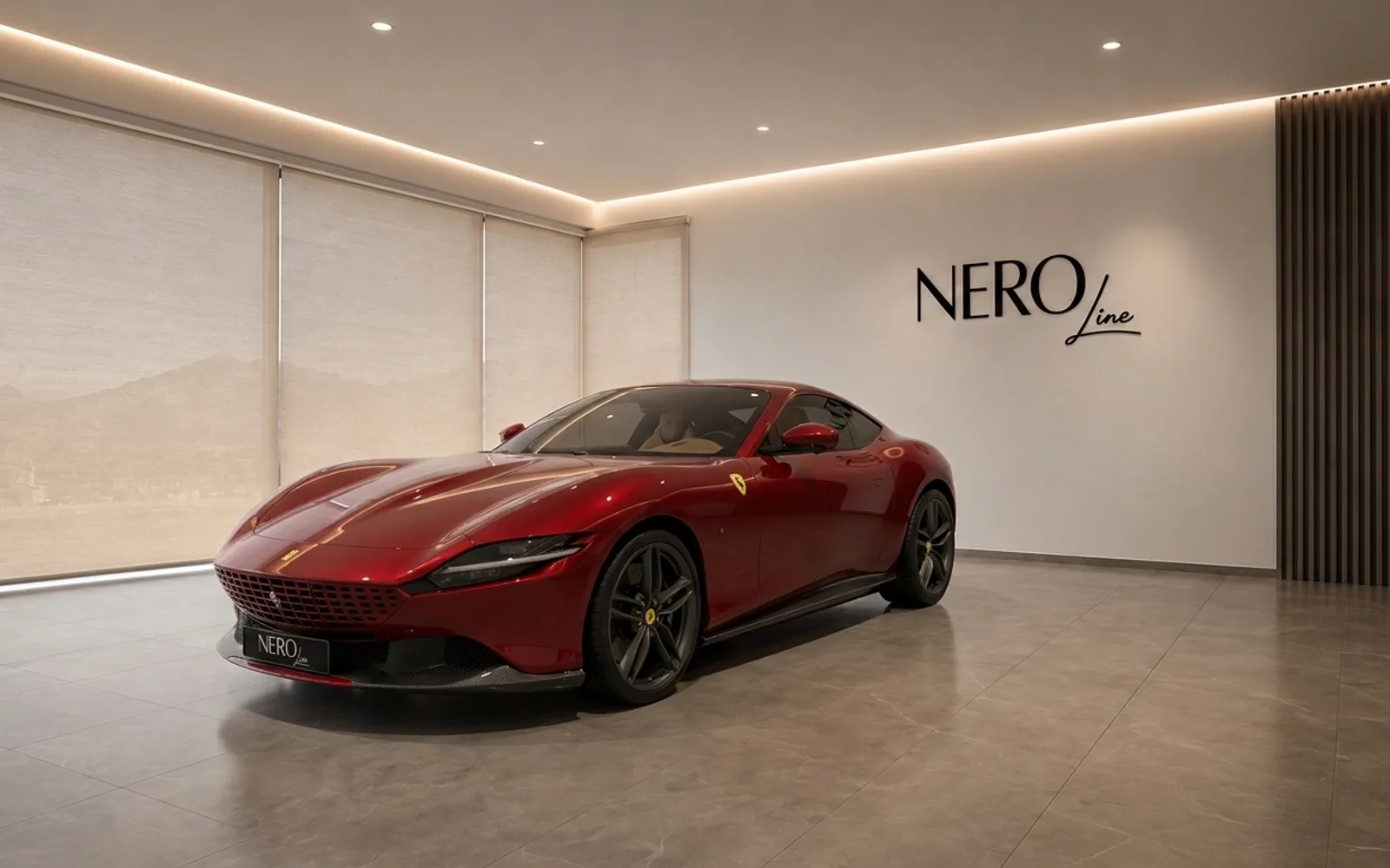Ferrari Roma — Front-three-quarter in Lausanne showroom The gloss red Ferrari Roma is elegantly displayed from a front-three-quarter angle in a modern showroom in Lausanne.