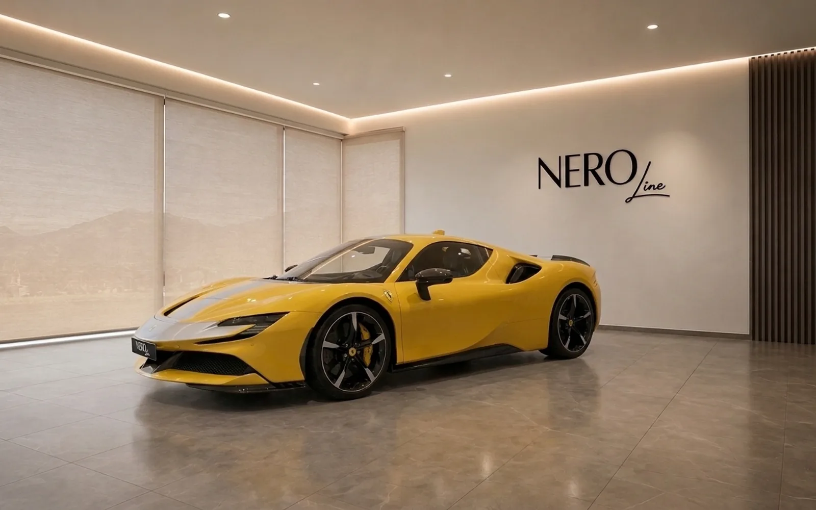 The yellow Ferrari SF90 Spider is prominently displayed in a modern showroom with the NEROline logo in Zurich.