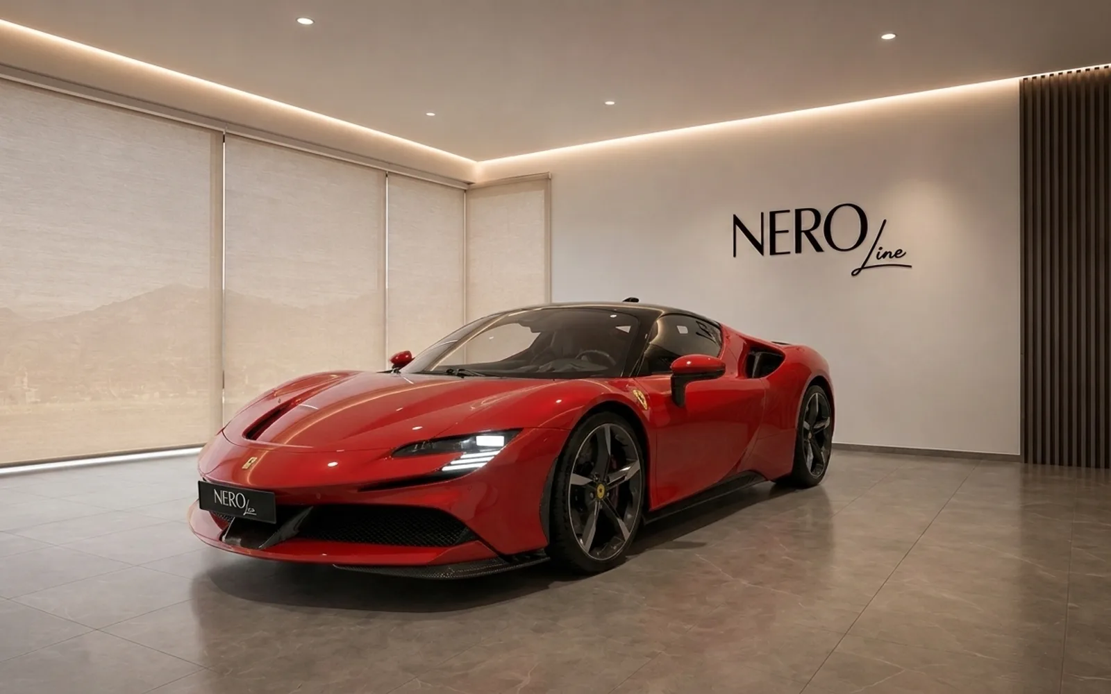The red Ferrari SF90 Stradale supercar is prominently displayed in a modern showroom in Lausanne, showcasing its sleek front three-quarter view.