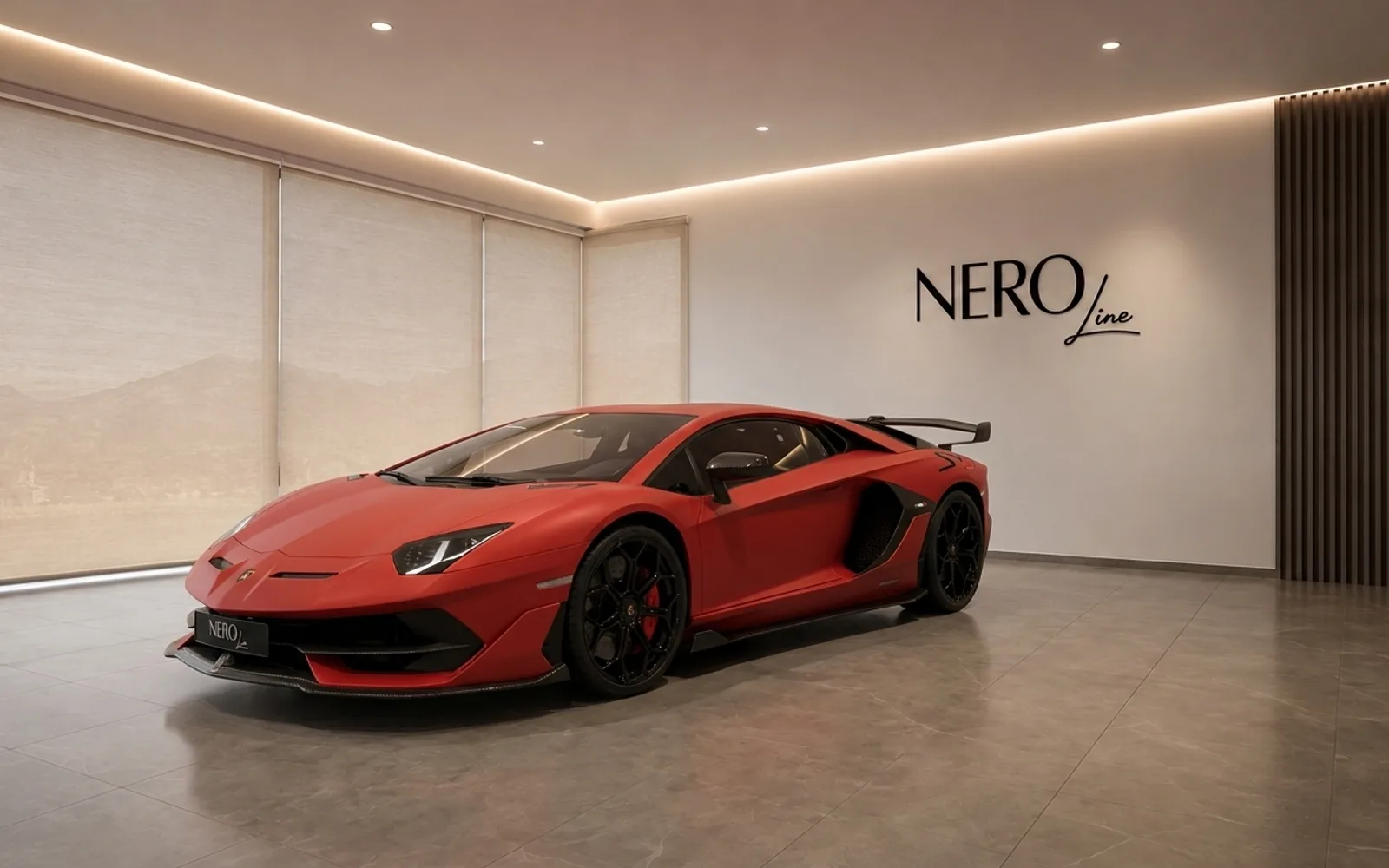 The matte red Lamborghini Aventador SVJ is elegantly displayed from a front-three-quarter view in a modern showroom in Lausanne.