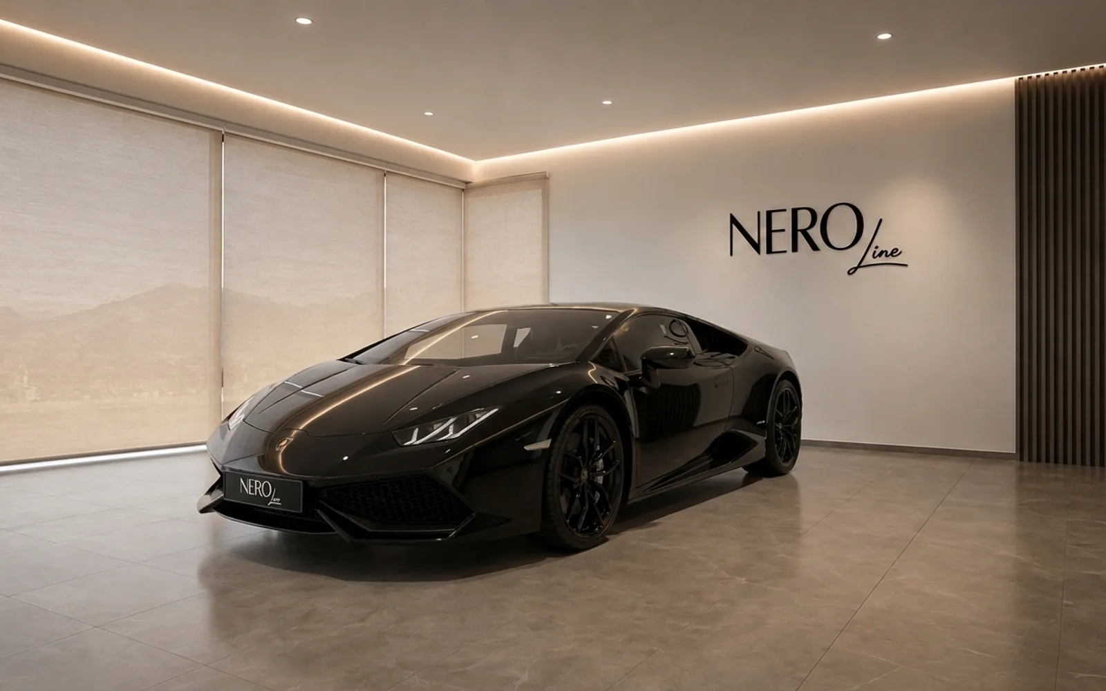 A sleek gloss black Lamborghini Huracán Coupé is showcased in a modern, well-lit showroom featuring the NEROline logo in Zurich.