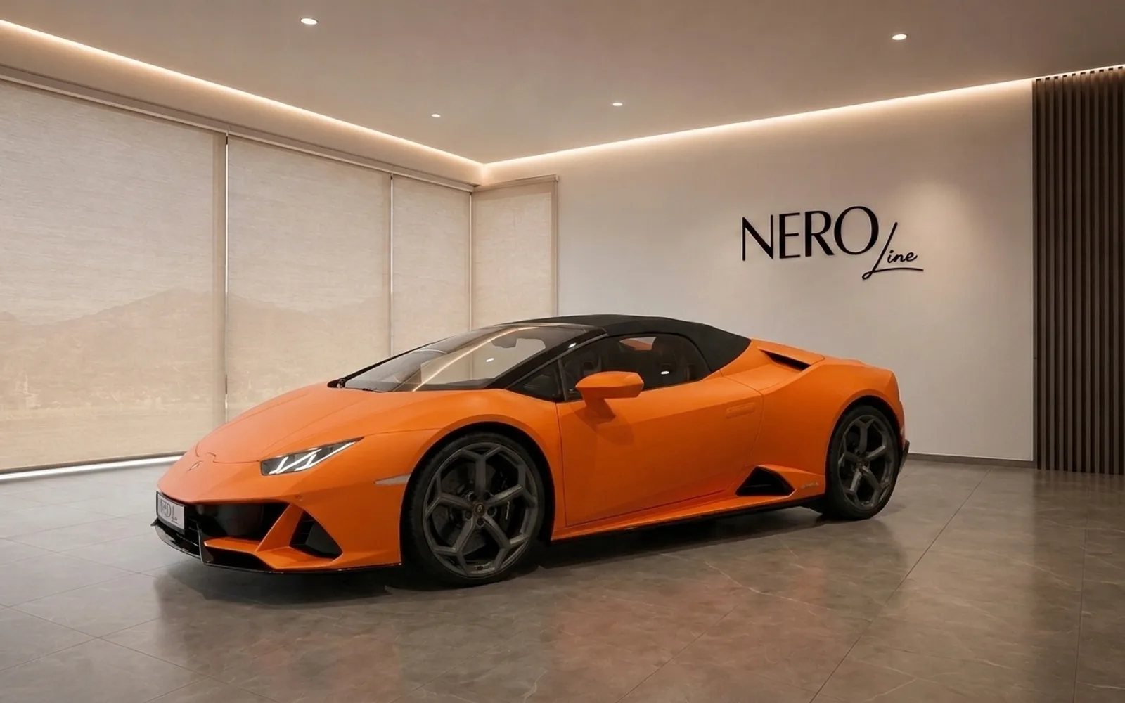 Lamborghini Huracán EVO Spyder — Front View Zurich Matte orange Lamborghini Huracán EVO Spyder parked indoors, showcasing its sleek front three-quarter view in Zurich.