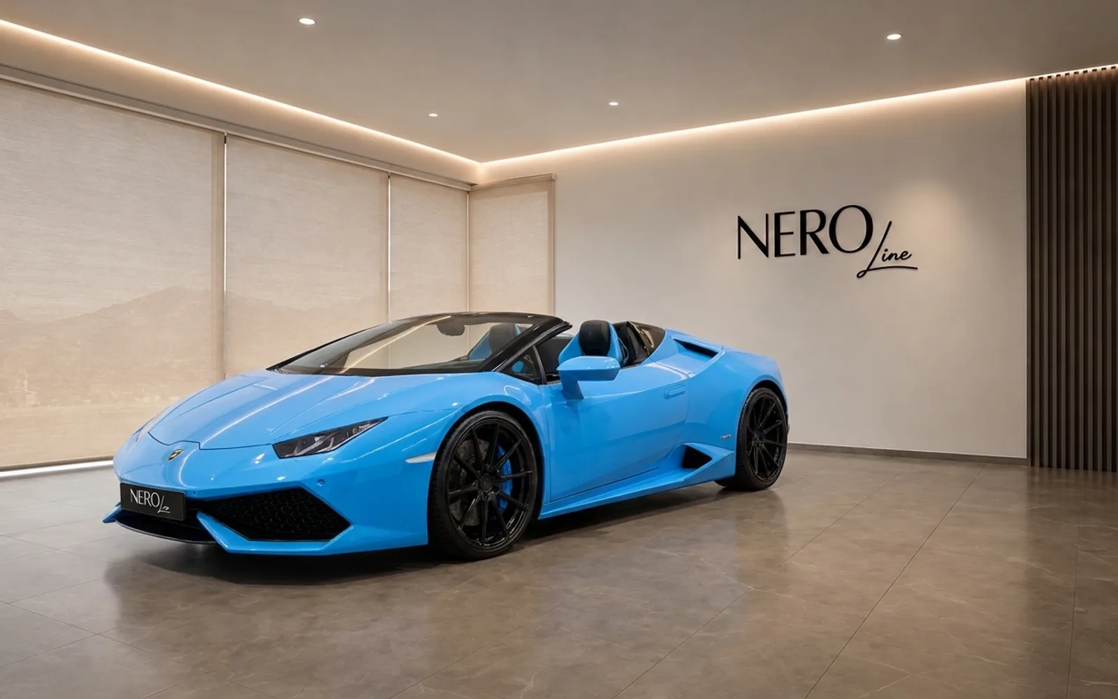 Lamborghini Huracán Spyder — Front view Zurich A bright blue Lamborghini Huracán Spyder is parked indoors, showcasing its sleek design from a front three-quarter angle in Zurich.