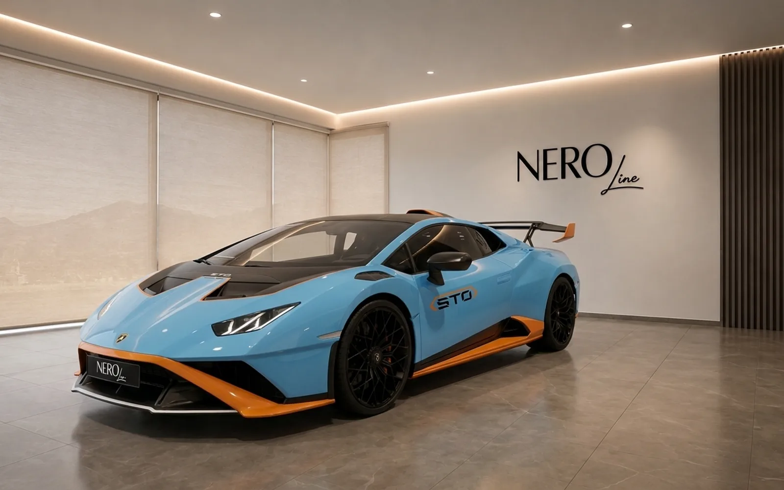 Lamborghini Huracán STO — Showroom in Lausanne A light blue Lamborghini Huracán STO is showcased from the front three-quarter angle in a modern showroom in Lausanne.