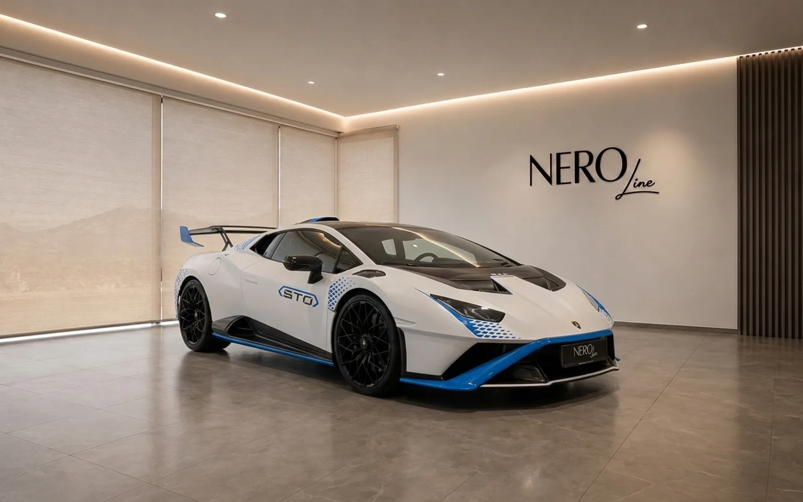 White Lamborghini Huracán STO with blue accents, parked in a modern showroom with the NEROline logo in Zurich.