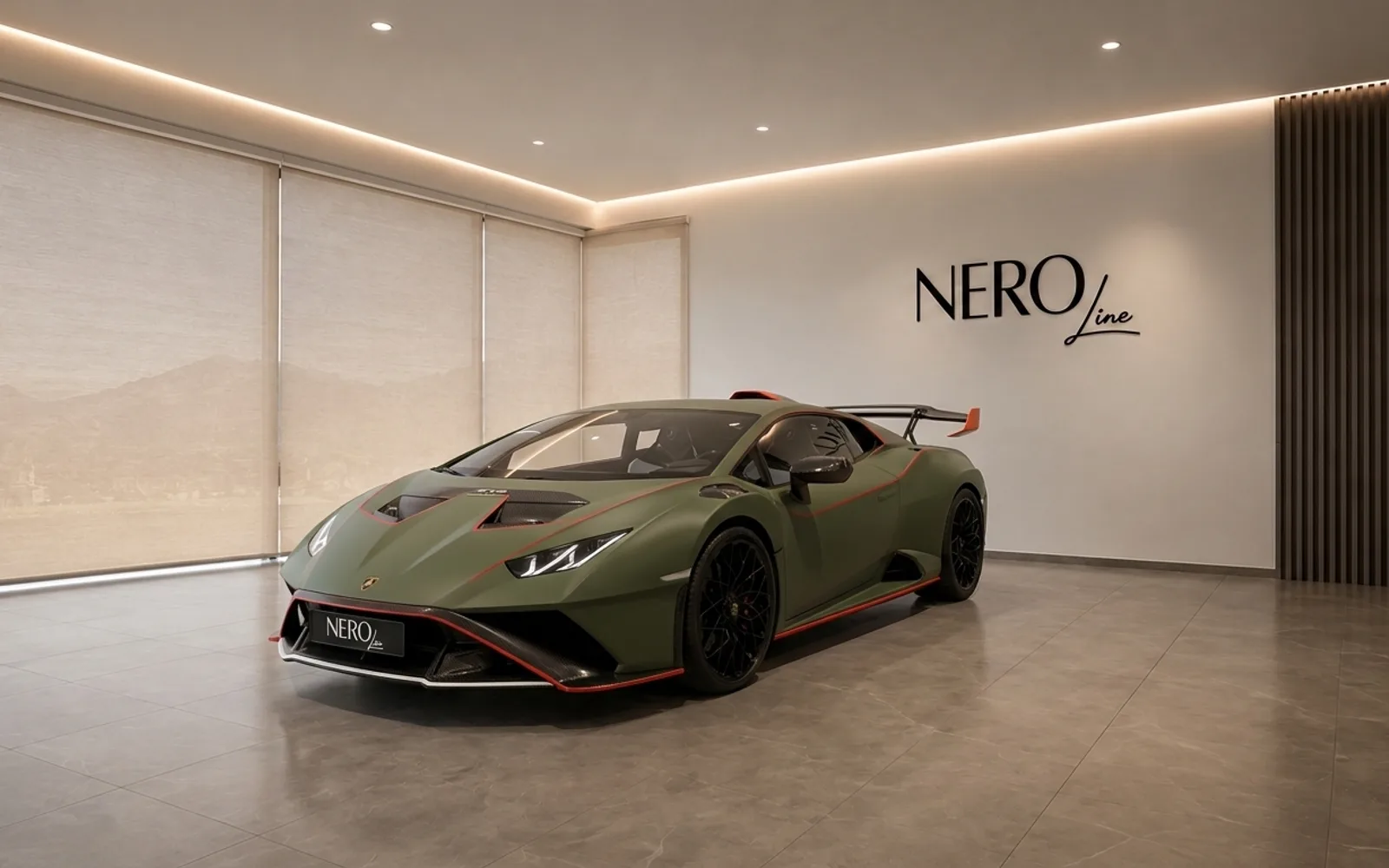 A striking green Lamborghini Huracán STO is showcased in a modern, well-lit showroom in Zurich, presented from a front three-quarter angle.