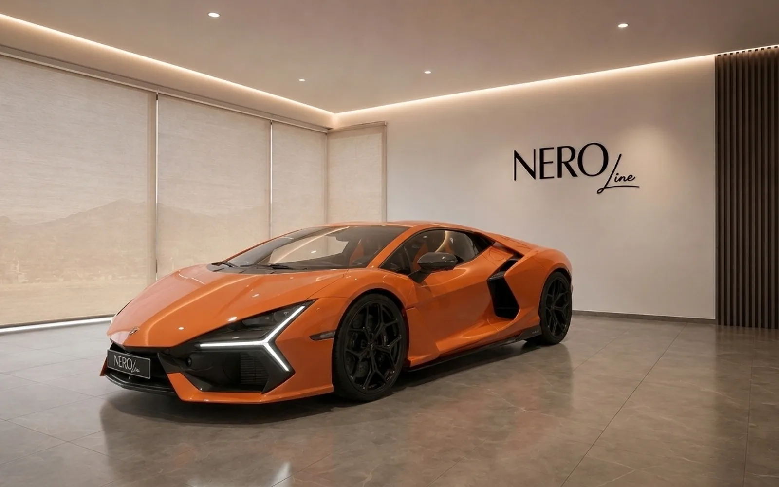 The orange 2024 Lamborghini Revuelto supercar displayed in a showroom with the NEROline logo, front three-quarter view, in Lausanne.