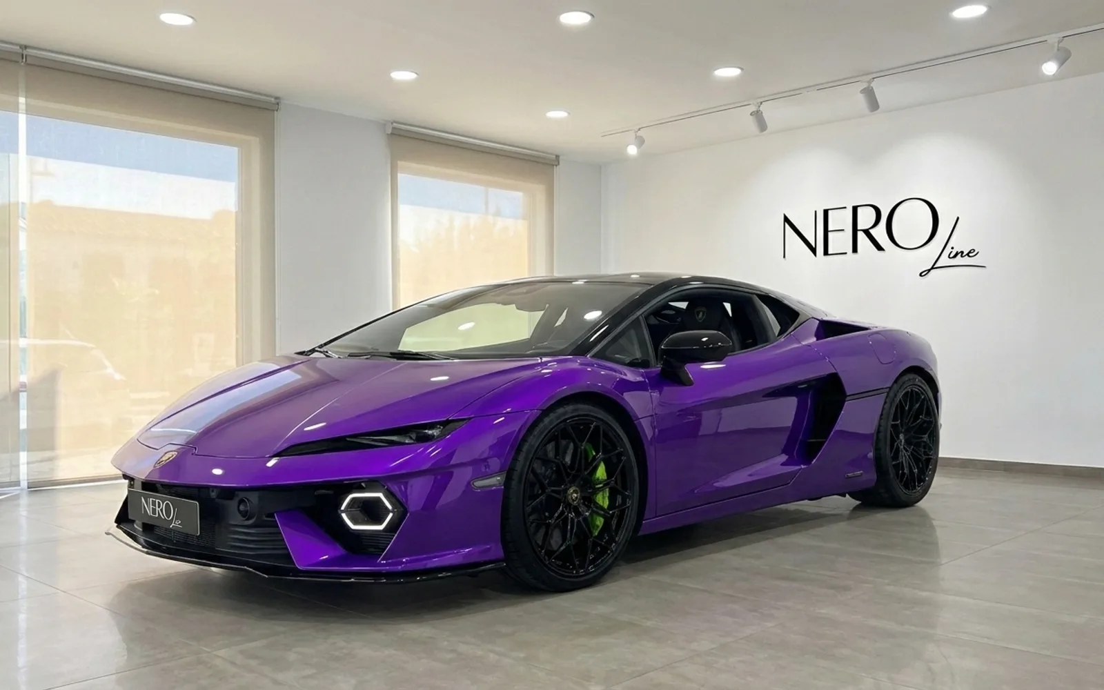Lamborghini Temerario in Gloss Metallic Purple, shown from a front three-quarter angle inside a showroom in Madrid.