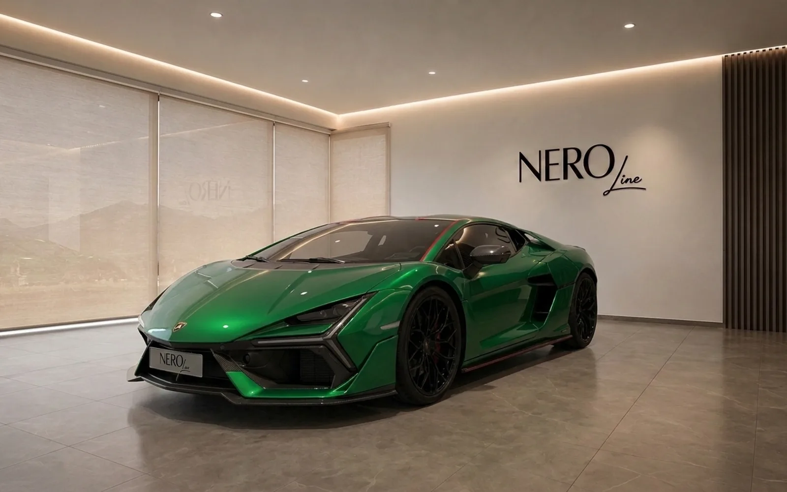 The gloss metallic green Lamborghini Temerario is parked in a modern showroom in Zurich, visible from a front three-quarter view.