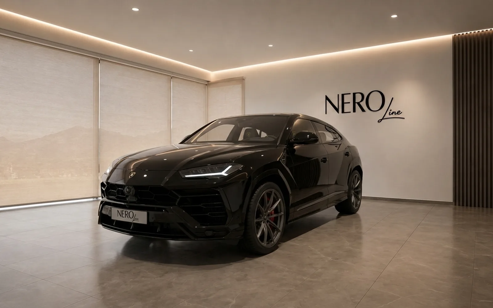 Lamborghini Urus — Showroom in Lausanne The black Lamborghini Urus is parked indoors in a modern showroom with the NEROline logo on the wall in Lausanne.