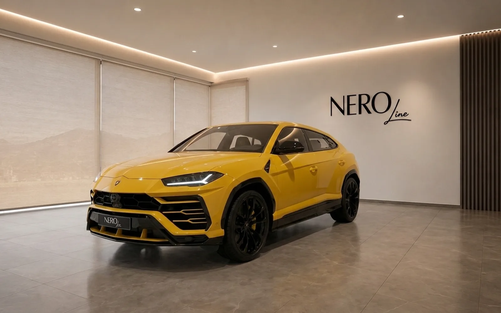 Lamborghini Urus — Front three-quarter view Lausanne The 2021 Lamborghini Urus in Gloss Yellow, showcasing its dynamic front three-quarter view in a modern Lausanne showroom.