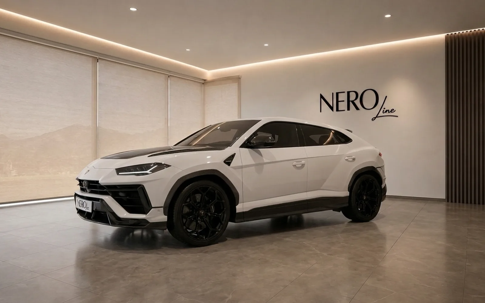 Lamborghini Urus Performante — Indoor display The white Lamborghini Urus Performante is parked indoors, showcasing its sleek front three-quarter view in Zurich.