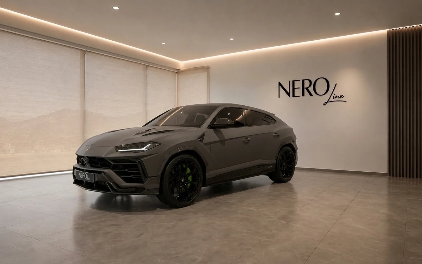The grey Lamborghini Urus Performante is showcased in a modern showroom with the NEROline logo on the wall in Zurich.