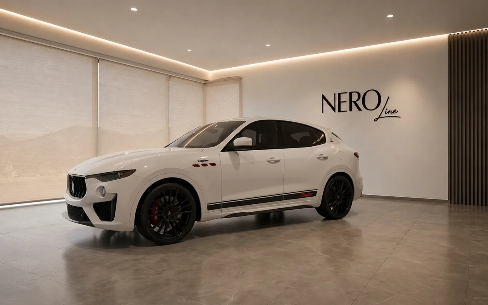 The white Maserati Levante Trofeo SUV is parked in a modern showroom with the NEROline logo in Zurich.