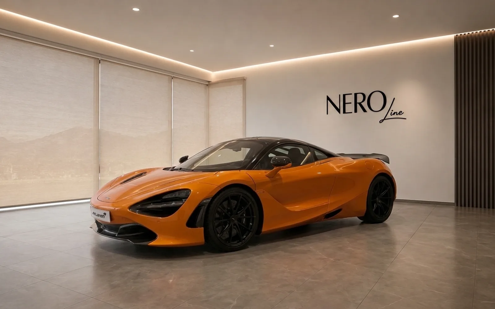 The glossy orange McLaren 750S supercar is elegantly displayed in a modern showroom in Lausanne, Switzerland.