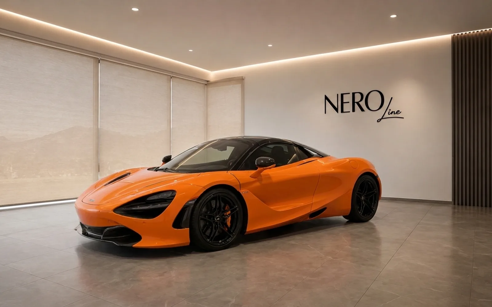 A stunning gloss orange McLaren 750S Spider is elegantly displayed in a modern showroom in Zurich, featuring the NEROline logo.
