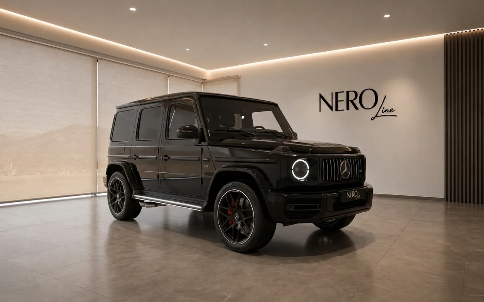 Mercedes-AMG G 63 — Front three-quarter view The glossy obsidian black 2022 Mercedes-AMG G 63 is parked indoors, showcasing its front three-quarter view in Zurich.