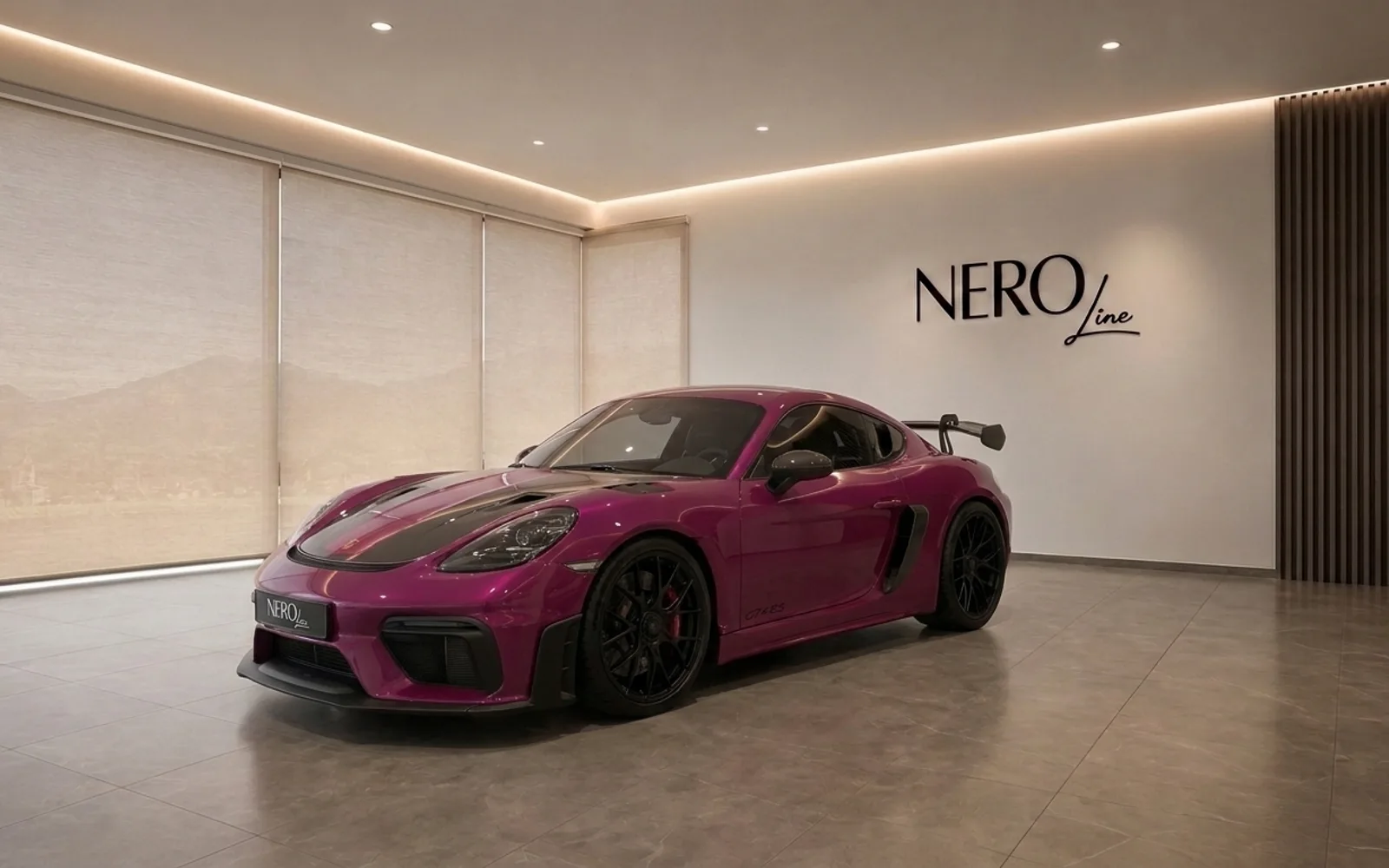 The gloss Ruby Star Neo Porsche 718 Cayman GT4 RS is showcased from a front three-quarter view in a modern showroom in Zurich.