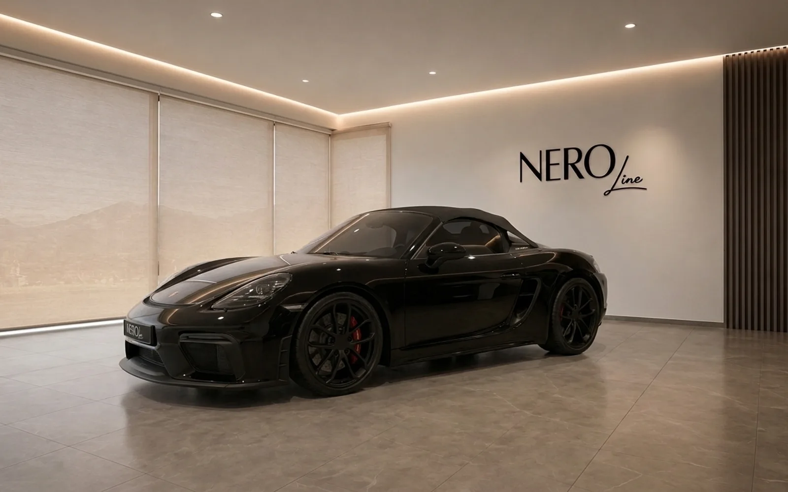 Porsche 718 Spyder — Front three-quarter view in Zurich A gloss black 2021 Porsche 718 Spyder convertible is presented from a front three-quarter view in a modern Zurich showroom.