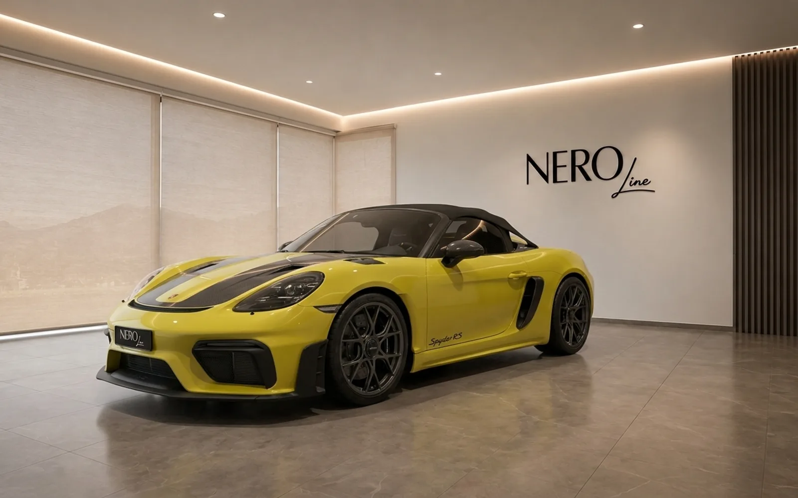 The yellow 2024 Porsche 718 Spyder RS convertible, showcasing its sleek front-three-quarter view in a showroom in Zurich.