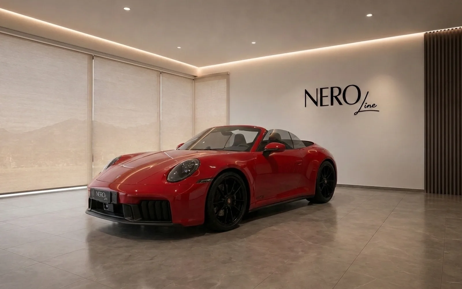 The red Porsche 911 Carrera 4 GTS Cabriolet is parked in a modern showroom in Zurich, top down.