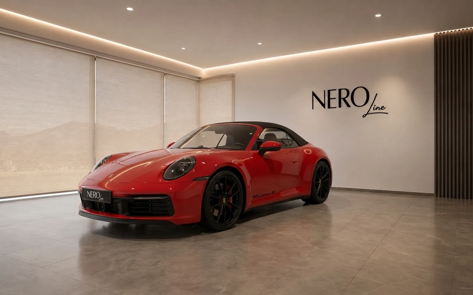 A red Porsche 911 Carrera 4S Cabriolet is showcased in a modern showroom with the NeroLine logo, in Lausanne.