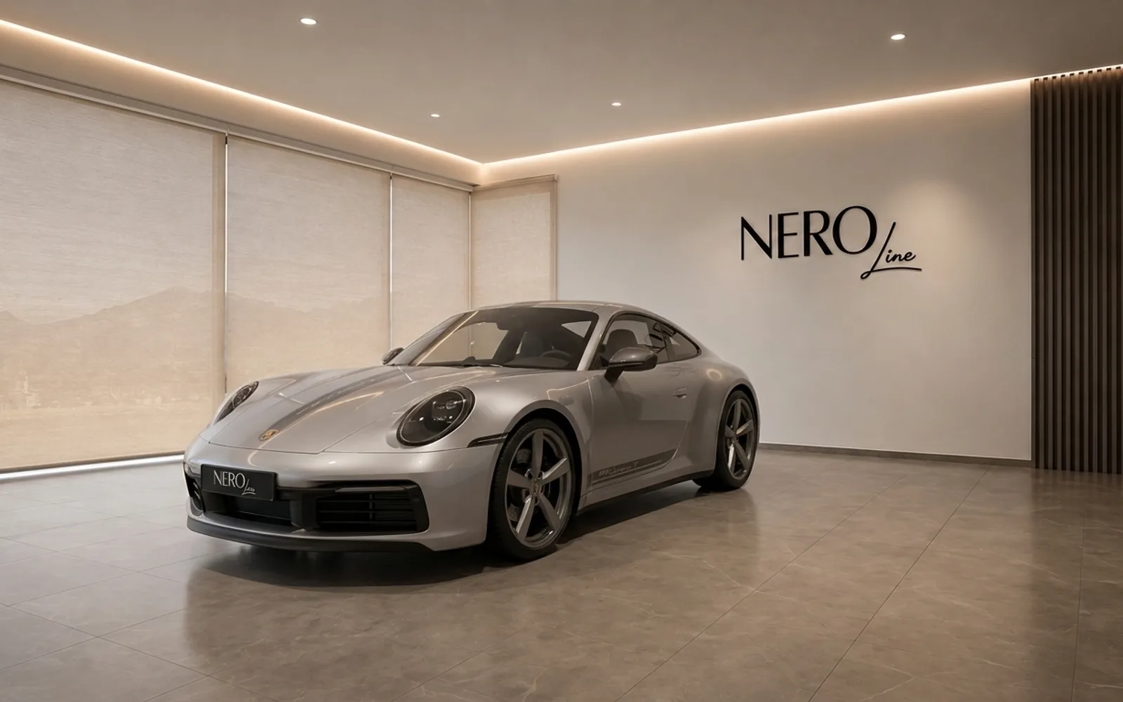 The gloss GT Silver Metallic 2023 Porsche 911 Carrera T is parked in a modern showroom in Zurich, visible from the front three-quarter angle.