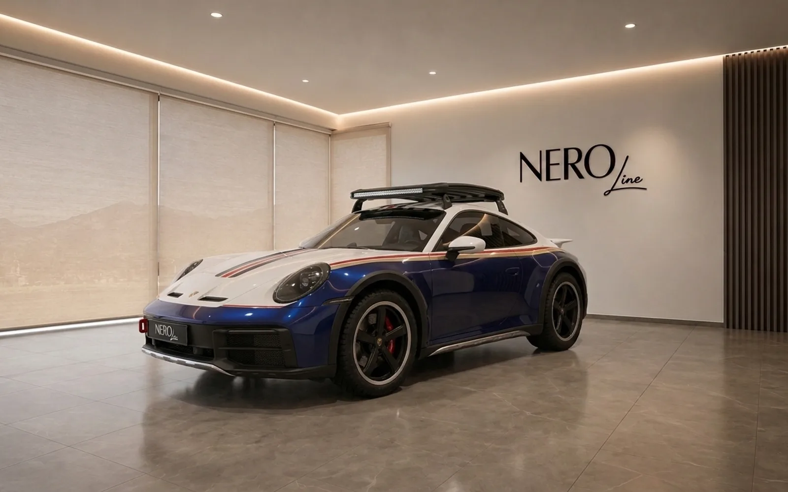 The blue and white Porsche 911 Dakar, equipped with a roof rack and light bar, is showcased in a modern Zurich showroom.