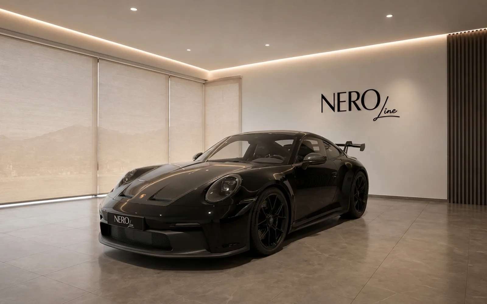 A gloss black Porsche 911 GT3 is parked in a modern showroom with the NeroLine logo and large windows revealing mountains in Lausanne.