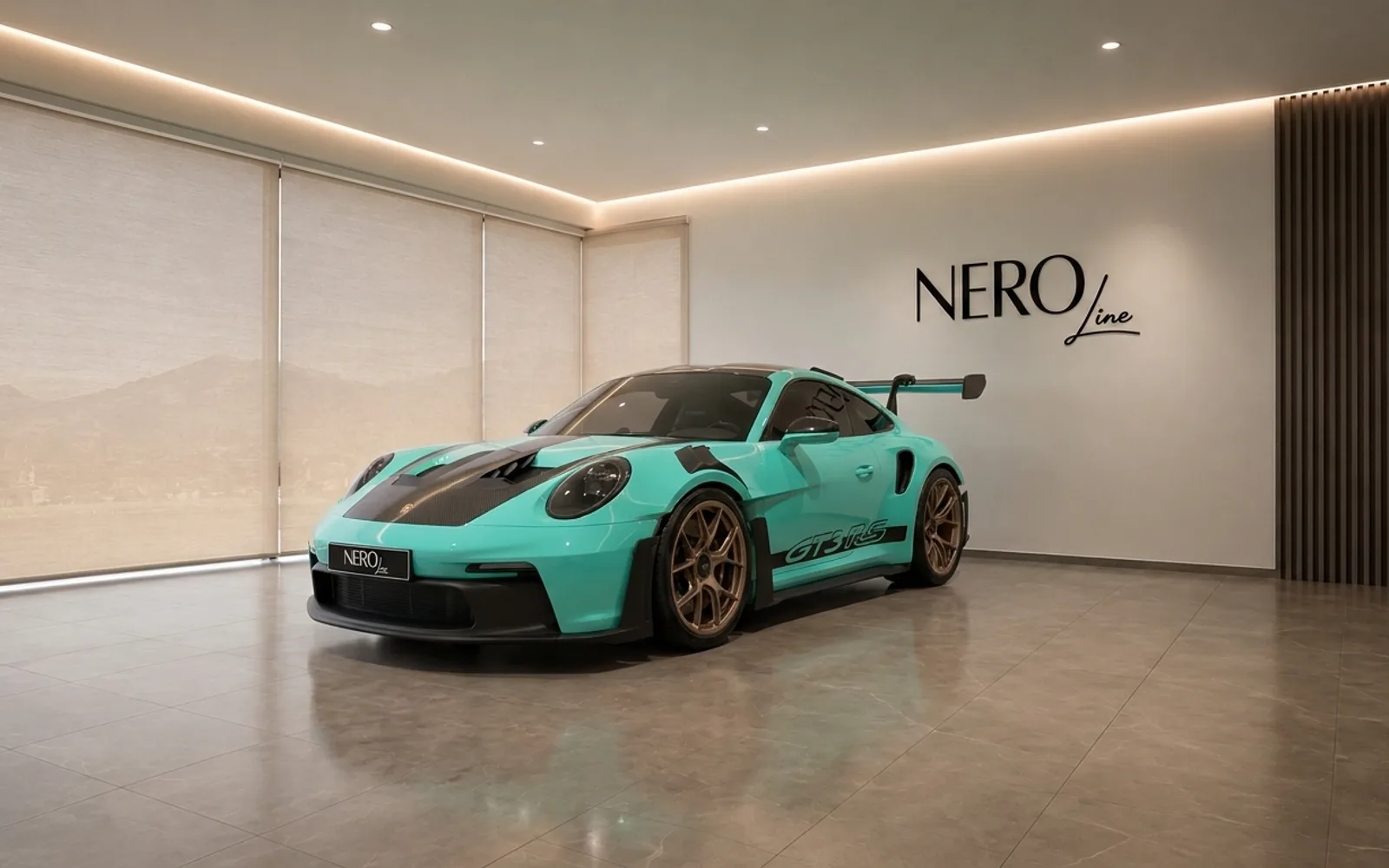 A Gloss Mint Green Porsche 911 GT3 RS is showcased in a modern showroom, viewed from the front-three-quarter angle in Zurich.