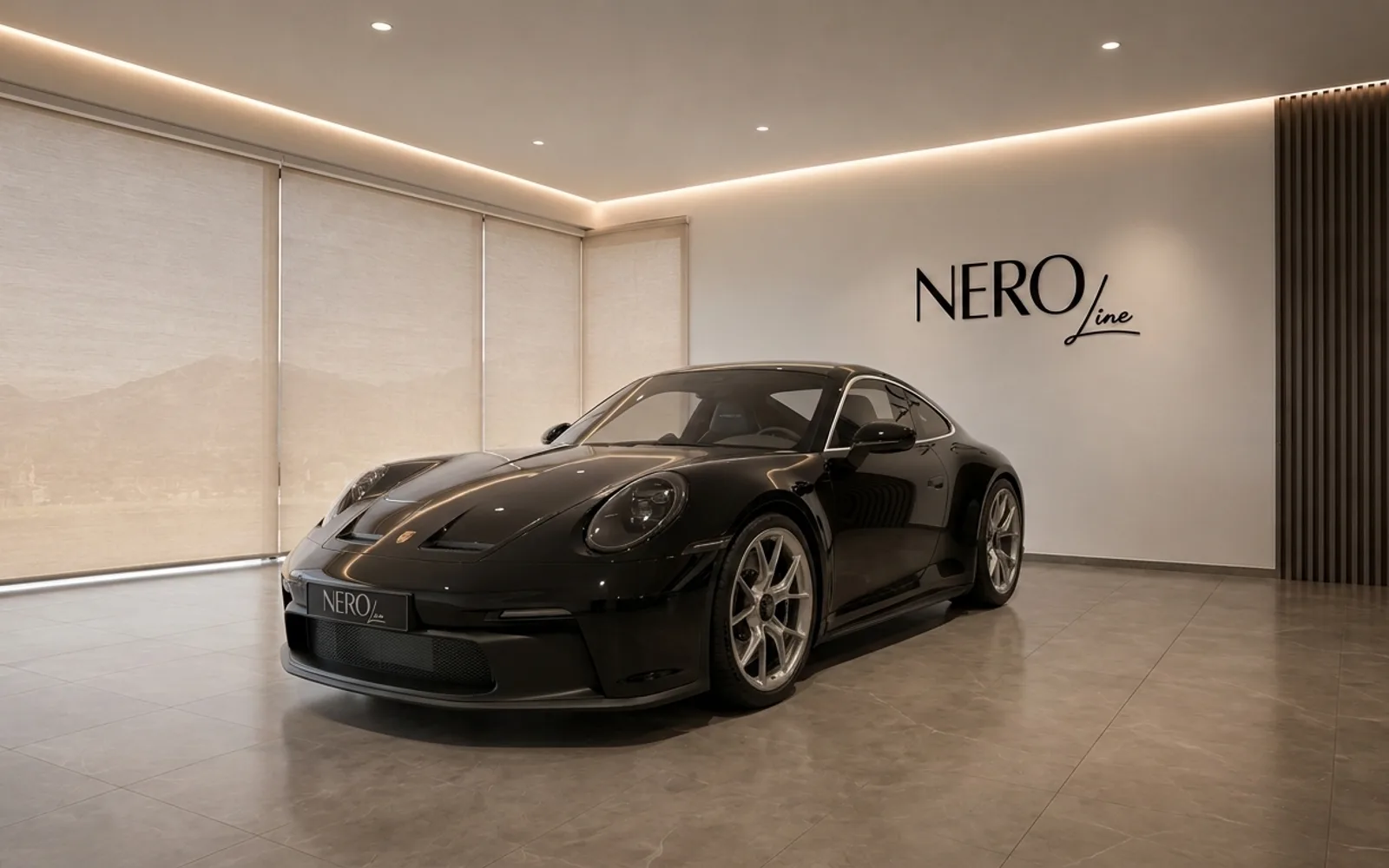 The sleek black Porsche 911 GT3 Touring is showcased in a modern, well-lit NEROline showroom in Lausanne.